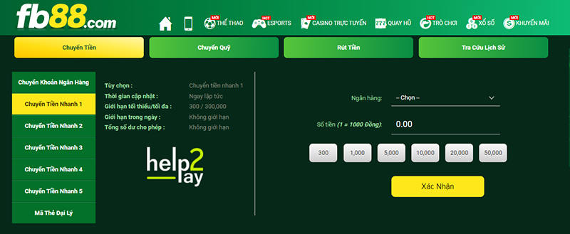 Nạp tiền vào tài khoản cá cược tại FB88