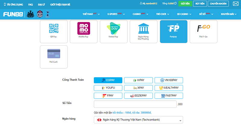 Phương thức nạp tiền tại Fun88