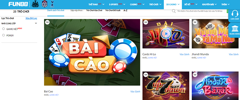 Trải nghiệm game bài 3D casino tại Fun88