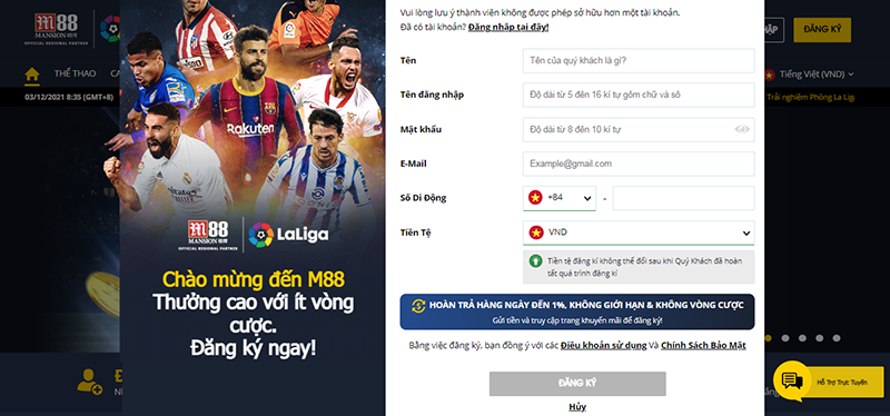 Thao tác đăng ký tài khoản mới tại M88