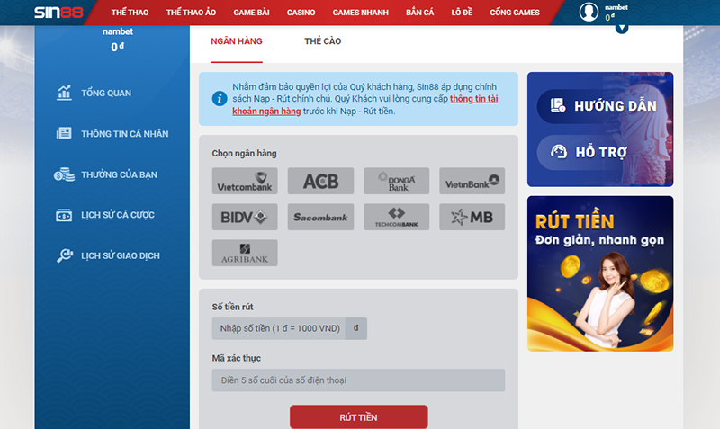 Cách rút tiền từ tài khoản SIN88