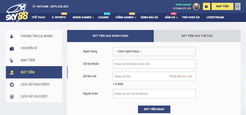 Cách rút tiền từ tài khoản SKY88